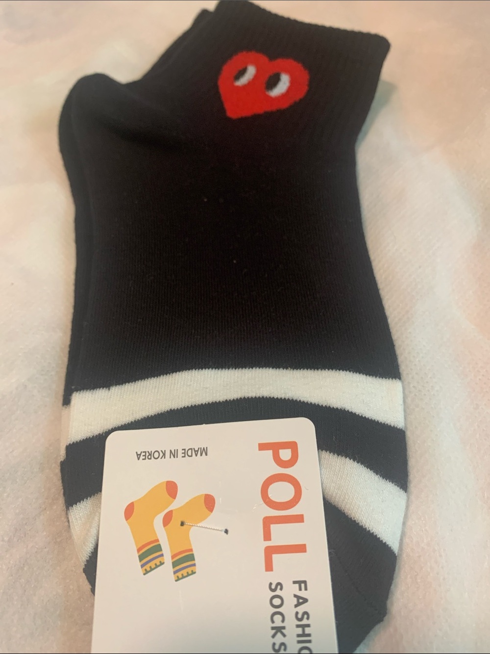 Women Black Socks with Red Heart and White Stripes